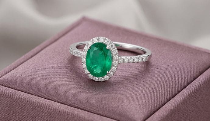 Natural emerald halo ring in white gold with sparkling diamond accents