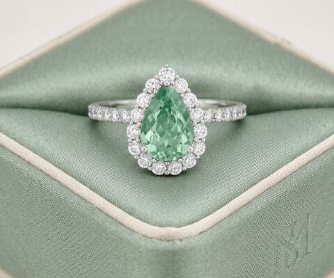 Natural Paraiba tourmaline pear-shaped ring in white gold with diamond halo