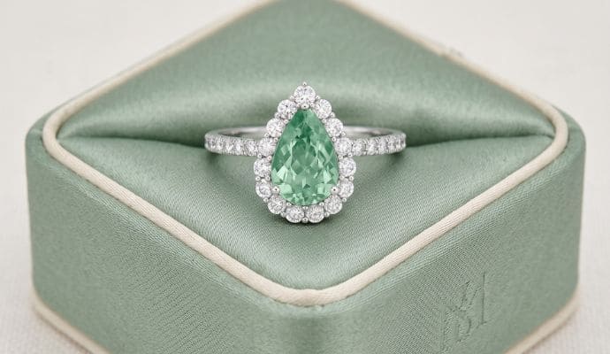 Natural Paraiba tourmaline pear-shaped ring in white gold with diamond halo
