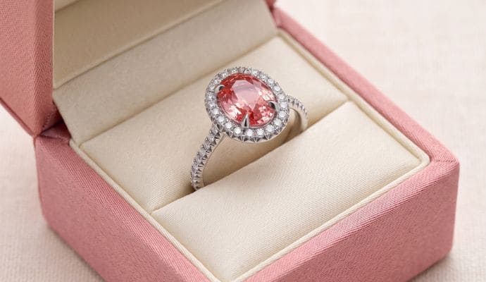 Natural pink sapphire halo ring in white gold with brilliant diamond accents