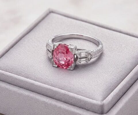 Natural unheated Padparadscha sapphire platinum ring with diamond accents