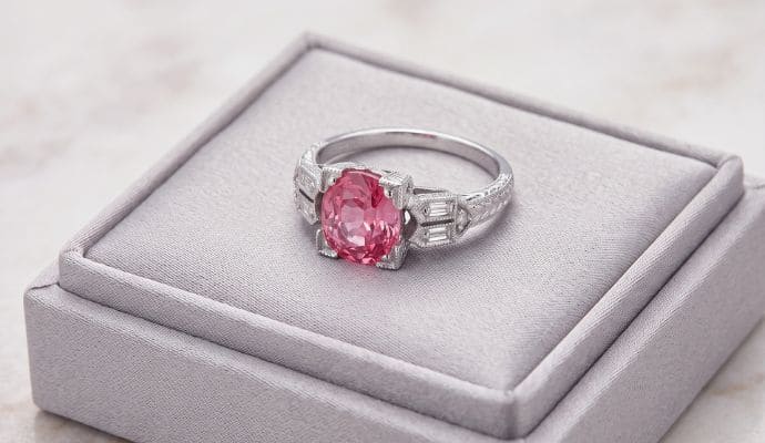 Natural unheated Padparadscha sapphire platinum ring with diamond accents