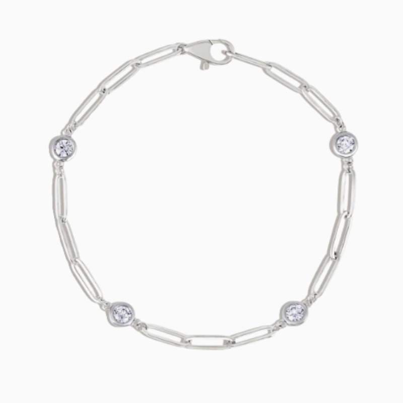 Paperclip And Lab Grown Diamond Bezel Bracelet with lab grown diamonds in 14k solid gol silver