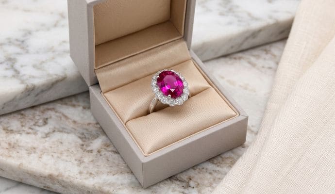 Natural pink sapphire statement ring in white gold with diamond halo