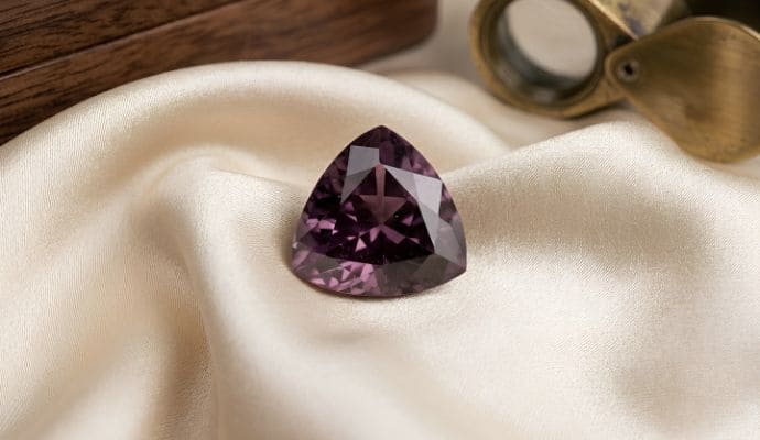 Natural trillion-cut color-change garnet loose gemstone displayed on luxurious white satin fabric
