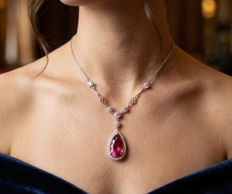 Rosefire Pink Tourmaline Diamond Pendant
