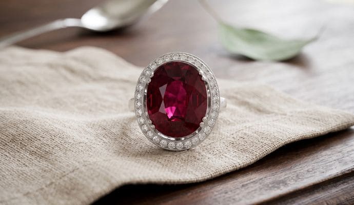Natural rubellite ring in 18K white gold with brilliant diamond halo