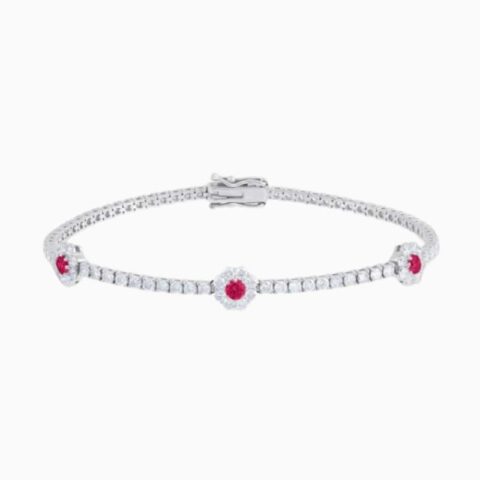 Lab Grown Diamond Tennis Bracelet With Colour Stone Centred Flower Clusters with lab grown diamonds in 14k solid gold