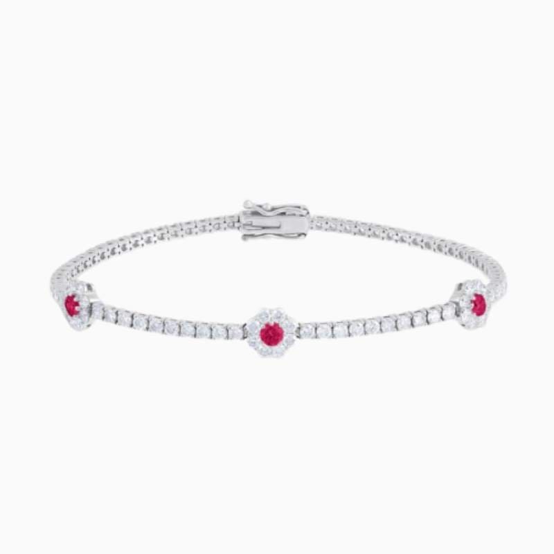 Lab Grown Diamond Tennis Bracelet With Colour Stone Centred Flower Clusters with lab grown diamonds in 14k solid gold