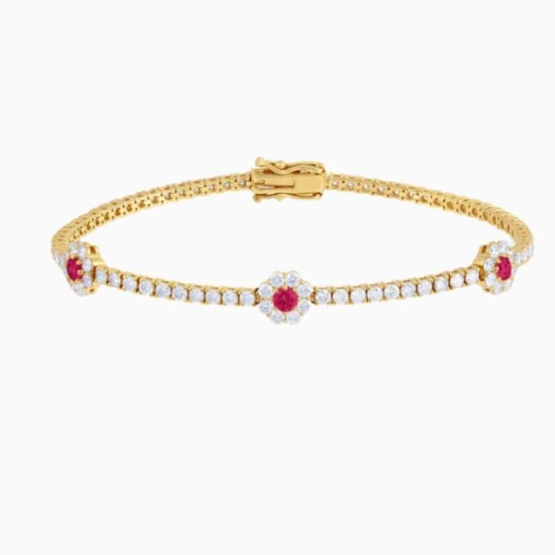 Lab Grown Diamond Tennis Bracelet With Colour Stone Centred Flower Clusters with lab grown diamonds in 14k solid gold golden
