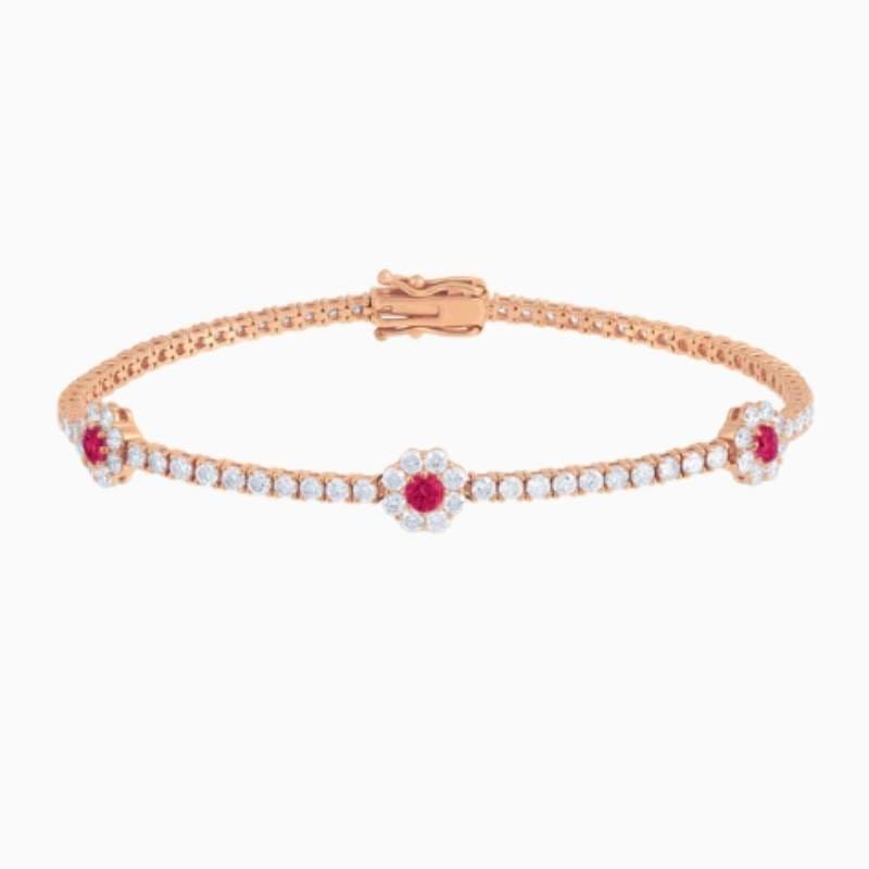 Lab Grown Diamond Tennis Bracelet With Colour Stone Centred Flower Clusters with lab grown diamonds in 14k solid gold rose gold