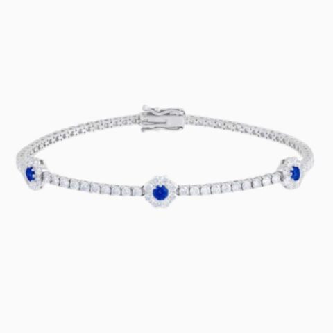 Lab Grown Diamond Tennis Bracelet With Sapphire Centered Flower Clusters with lab grown diamonds in 14k solid gold
