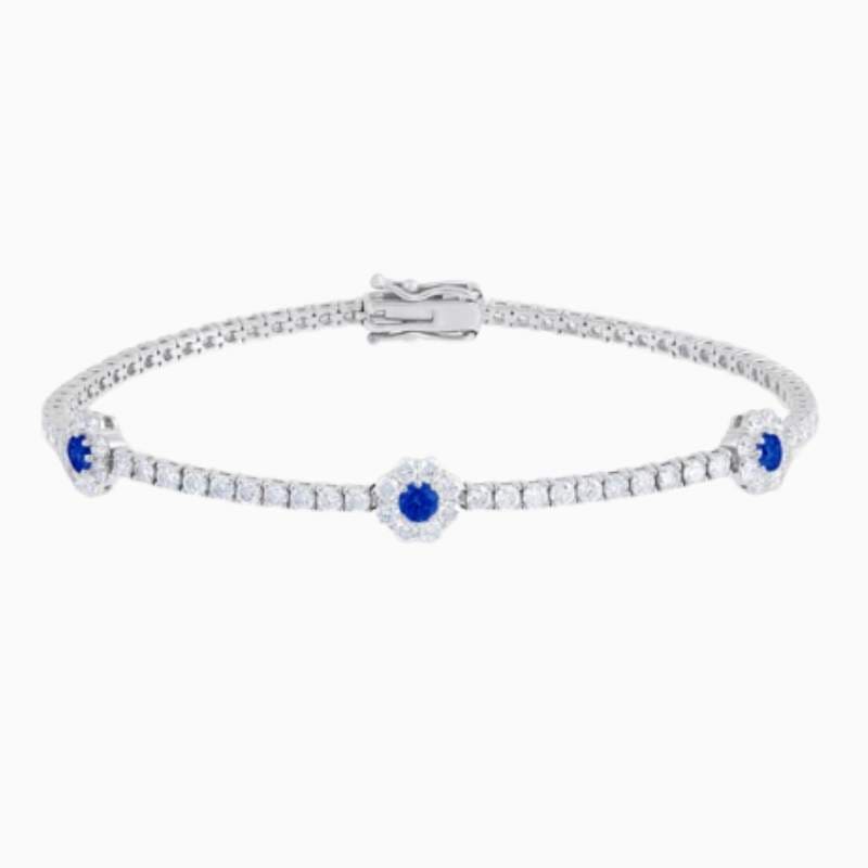 Lab Grown Diamond Tennis Bracelet With Sapphire Centered Flower Clusters with lab grown diamonds in 14k solid gold