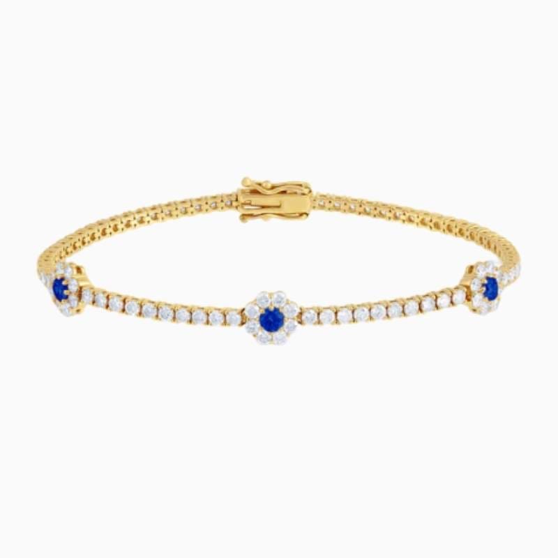 Lab Grown Diamond Tennis Bracelet With Sapphire Centered Flower Clusters with lab grown diamonds in 14k solid gold golden