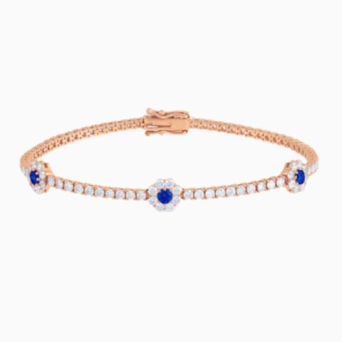 Lab Grown Diamond Tennis Bracelet With Sapphire Centered Flower Clusters with lab grown diamonds in 14k solid gold rose gold