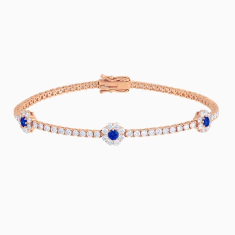Lab Grown Diamond Tennis Bracelet With Sapphire Centered Flower Clusters with lab grown diamonds in 14k solid gold rose gold