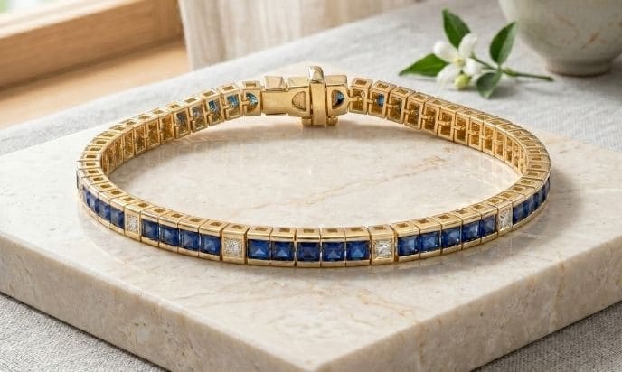 Yellow gold sapphire and diamond link tennis bracelet with channel-set gemstones