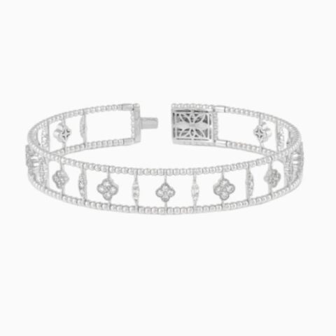 2 Row Beaded Bangle With Lab Grown Dimond Flower Clovers And Diamond Line with lab grown diamonds in 14k solid gold