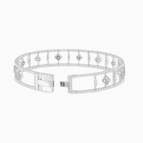 2 Row Beaded Bangle With Lab Grown Dimond Flower Clovers And Diamond Line with lab grown diamonds in 14k solid gold back