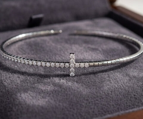 Two Tone Half Lab Grown Diamond Cross Flexible Bangle