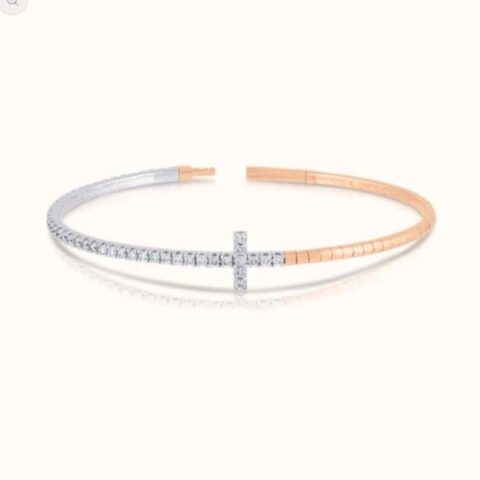 Two Tone Half Lab Grown Diamond Cross Flexible Bangle with lab grown diamonds in 14k solid gold rose gold