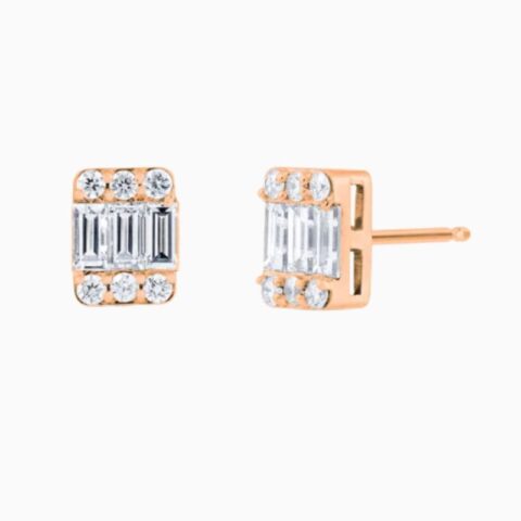 Baguette and round diamond studs rose gold