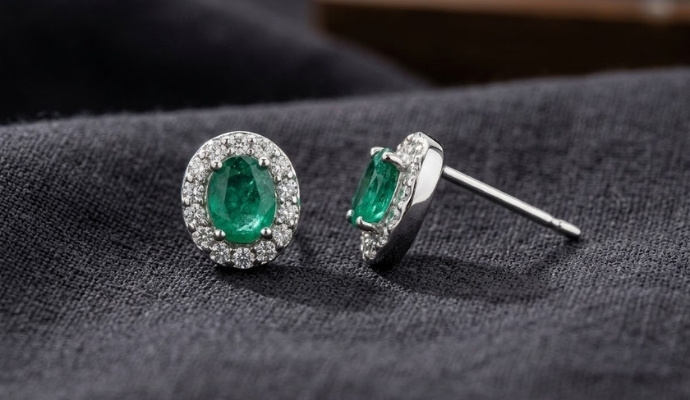 Oval Green Emerald with Lab Grown Diamond Halo Stud Earrings