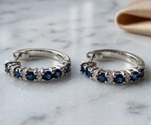 Alternating Blue Sapphire Half Hoop Earrings