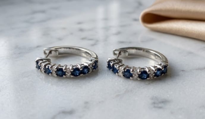 Alternating Blue Sapphire Half Hoop Earrings