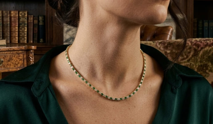 Green Emerald and Natural Diamond Tennis Necklace