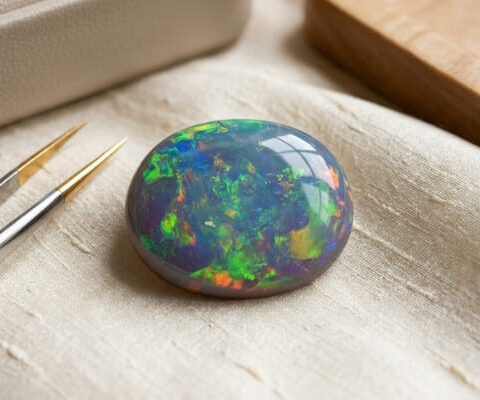 Australian Black Opal oval gemstone with colorful play of color