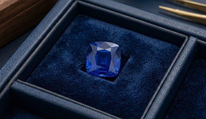 Blue Sapphire cushion cut gemstone in jewelry box