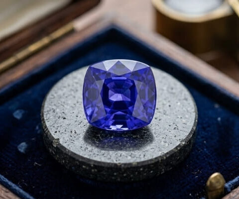 Blue Sapphire cushion cut gemstone in jewelry box