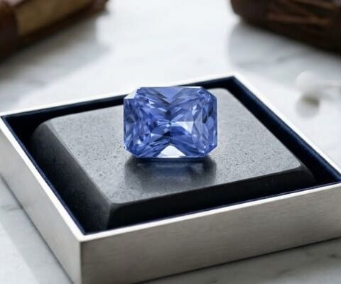 Blue Sapphire cushion cut gemstone in jewelry box