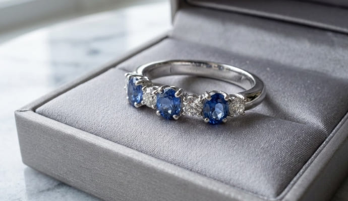 Blue Sapphire and Diamond Half Eternity Ring