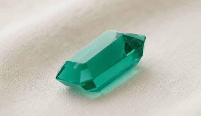 Natural Emerald elongated octagonal faceted gemstone with vivid green color