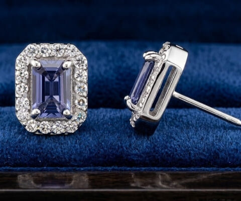 Emerald-Cut Blue Sapphire Halo Stud Earrings