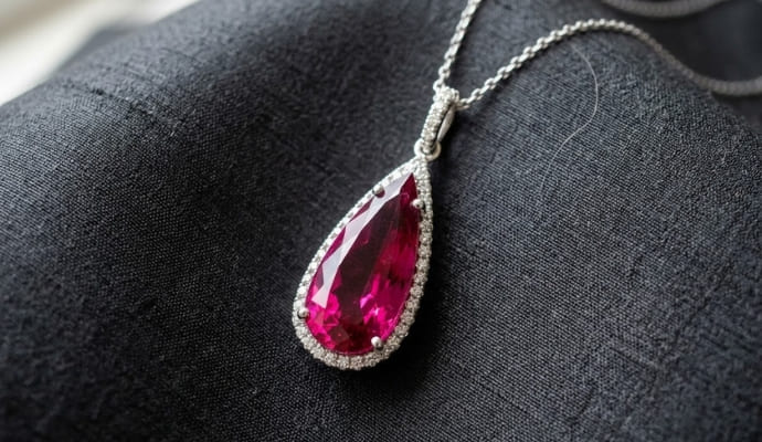 Rubellite Diamond Halo Pendant Necklace