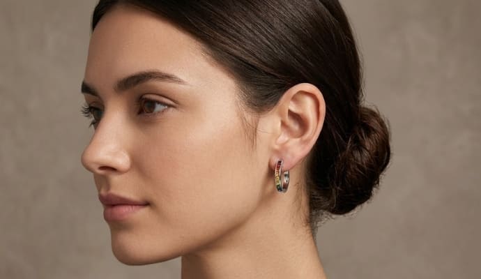 Side View of Woman Wearing Multicolor Channel Hoop Earrings