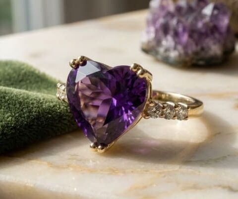 Gold Heart Amethyst Four-Diamond Ring