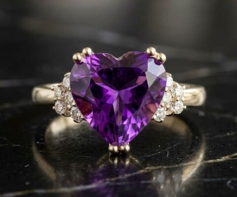 Yellow Gold Heart Amethyst Ten-Diamond Ring