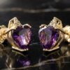 Heart-Shaped Amethyst and Diamond Earrings in Yellow Gold