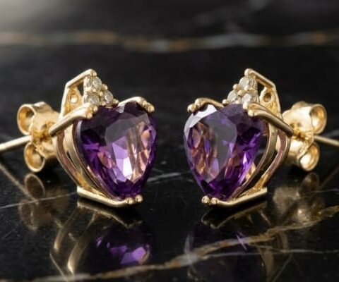 Heart-Shaped Amethyst and Diamond Earrings in Yellow Gold