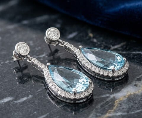 Pear-Shaped Aquamarine and Diamond Drop Earrings in White Gold