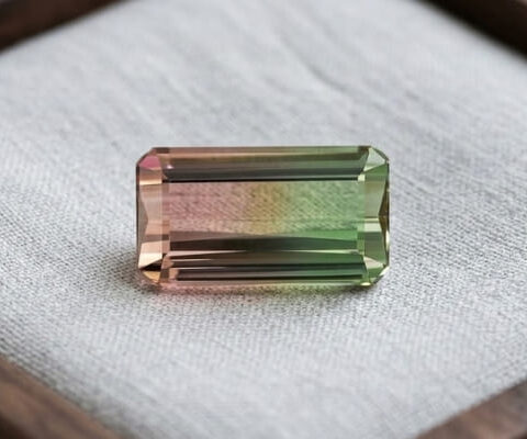Natural bi-color tourmaline rectangular cut gemstone with green and pink tones