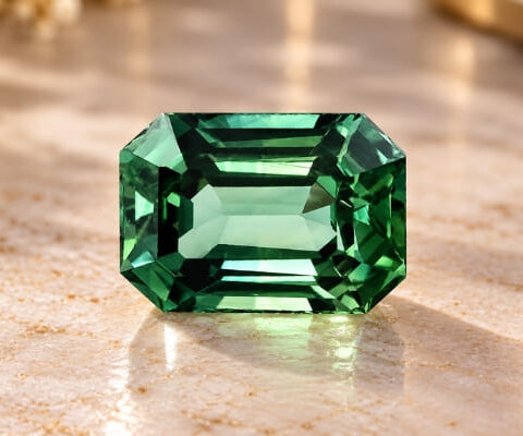 Natural emerald cut blue green sapphire gemstone on warm stone surface