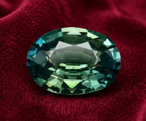 Natural oval blue green sapphire gemstone on red velvet fabric