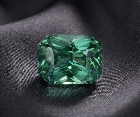 Natural blue green sapphire gemstone on dark grey fabric