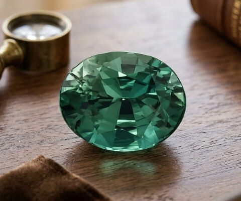 Natural oval blue green sapphire gemstone on wooden jewelry display
