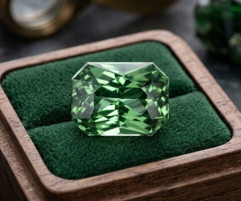 Natural blue green sapphire gemstone on green jewelry display